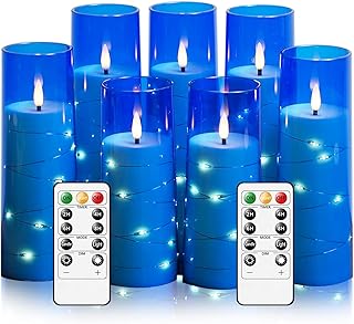 Flameless Candles,with Embedded Star String, Battery Operated Candles Flickering LED Pillar Candles with Remote Control and Timer, Home Decoration Add a Warm and Romantic Atmosphere,Set of 7 (Blue)
