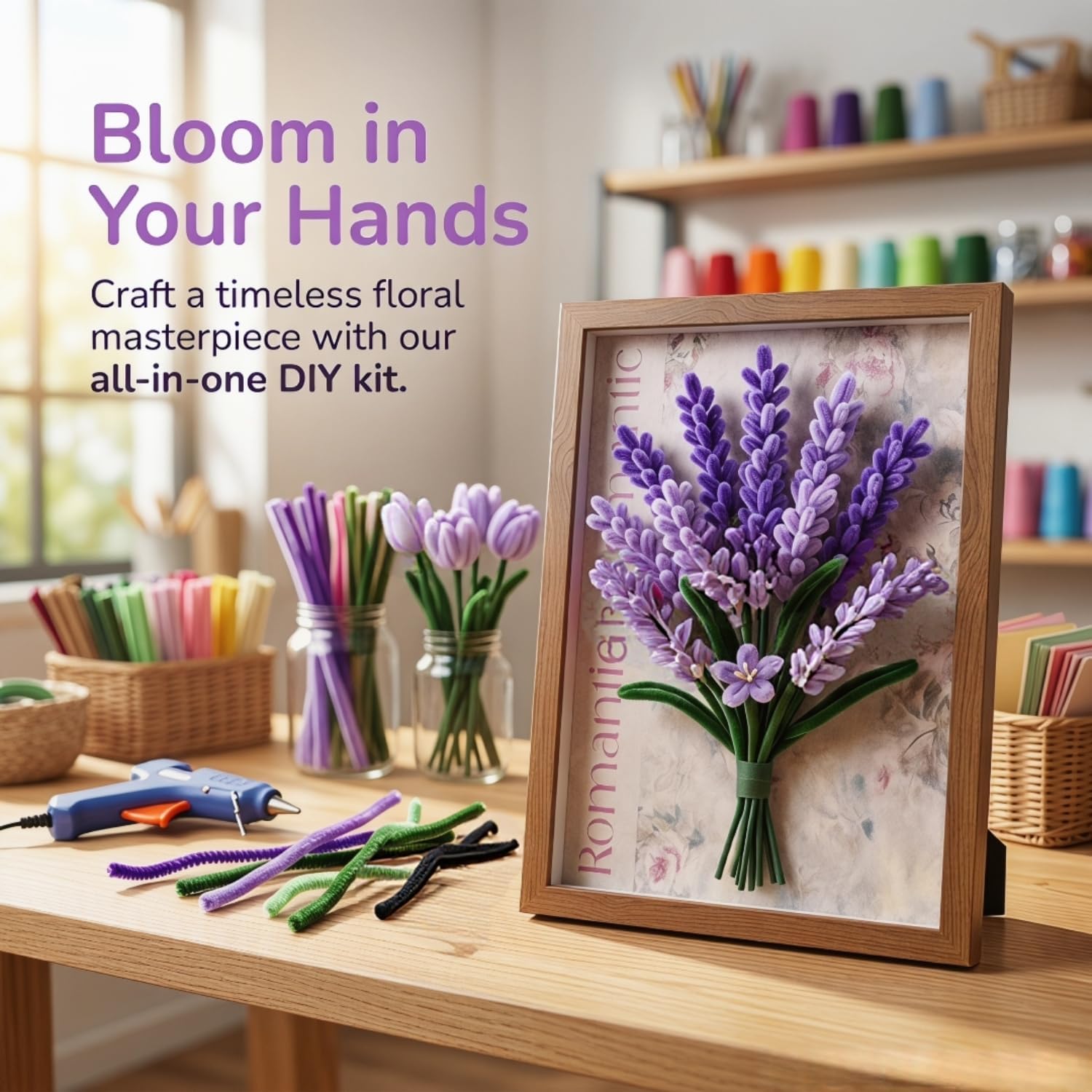 Pipe Cleaner Craft Kit, 600 Pcs Chenille Stems with Complete DIY Floral Craft Supplies, Hot Glue Gun, Picture Frame, Wrapping Paper for Family Fun, Creative Art Projects, Holiday and Room Decoration