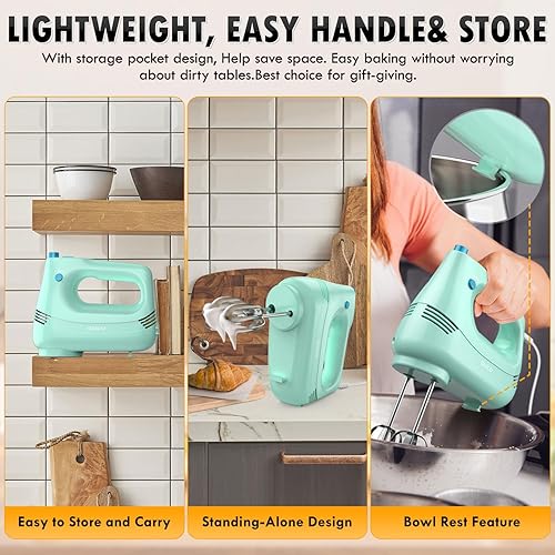 Miniatura 5 de GUALIU Batidora de mano eléctrica con batidor de acero inoxidable, accesorio de gancho para masa y bolsa de almacenamiento, batidora de mano para