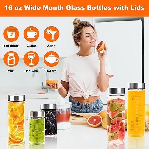 Miniatura 5 de Botellas de vidrio para jugo, paquete de 4 botellas de agua de vidrio de boca ancha con tapas, para jugos, proteínas, licuados, leche,