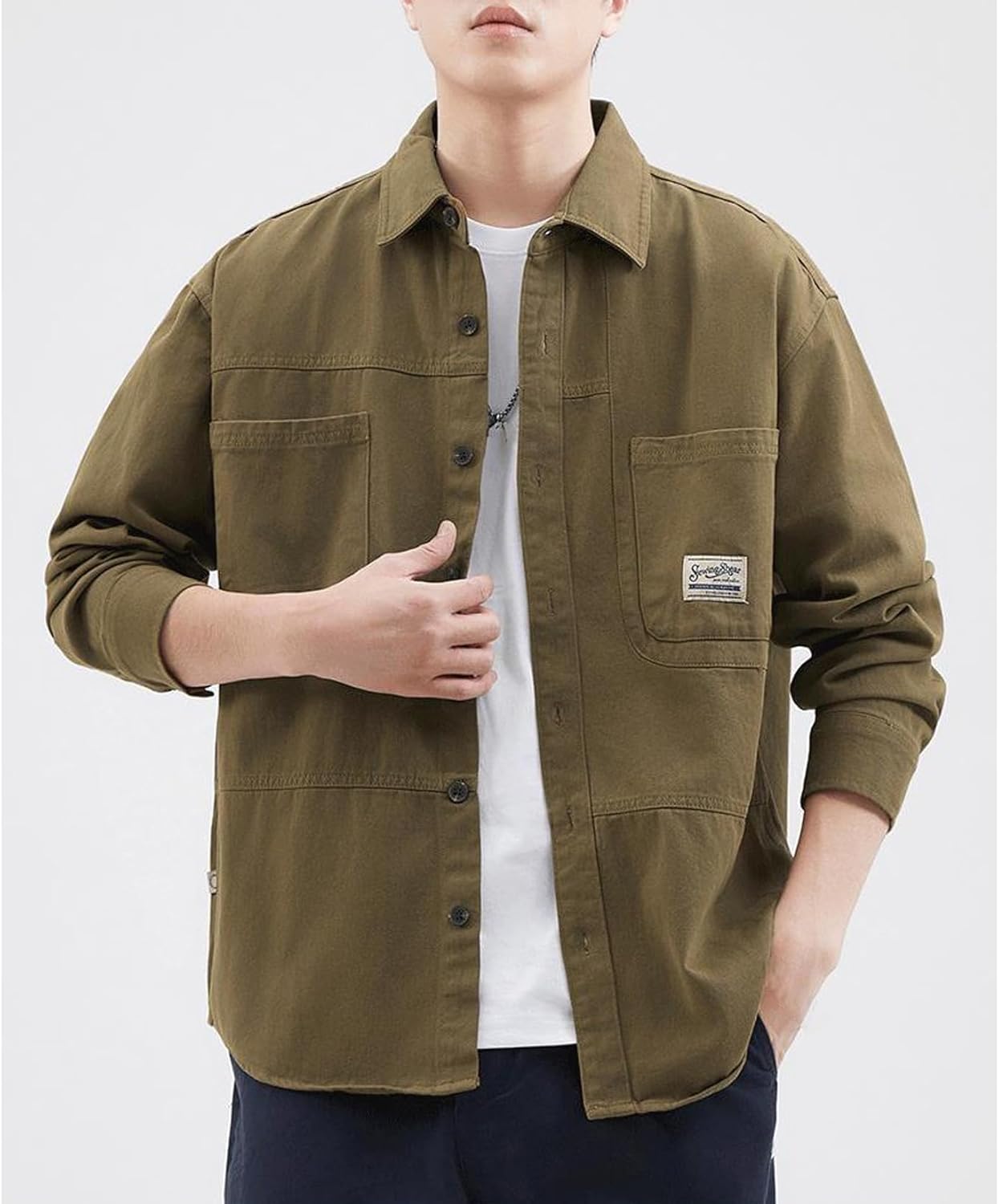 [Ｆａｉｃｈｏｏｓｅｏｕｓｅ] カーゴシャツ コート シャツ 長袖 スプリング 胸ポケット 無地 4色 ゆったり トップス シンプル