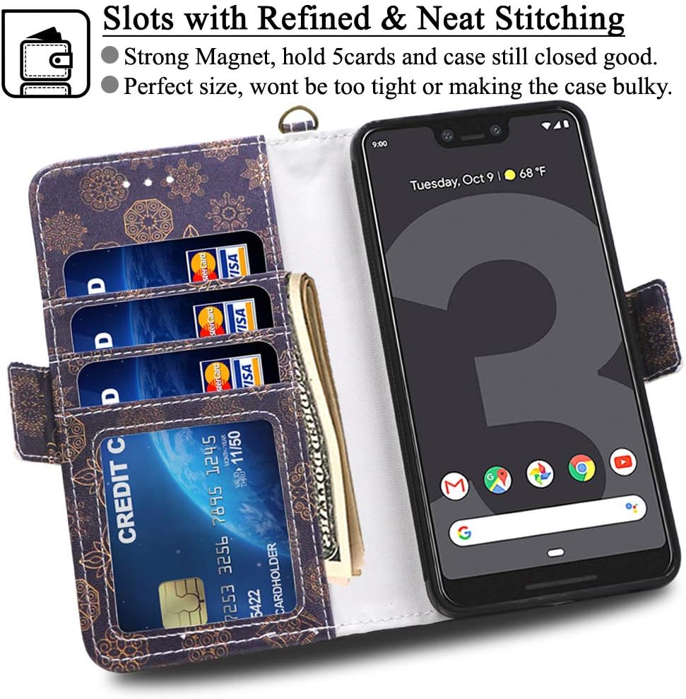 Mefon Google Pixel 3 XL Case Wallet Leather Detachable, with Tempered Glass and Wrist Strap, Enhanced Magnetic Closure, Card Slot, Kickstand, Durable Flip Folio Cases for Pixel 3 XL (Mandala 1)