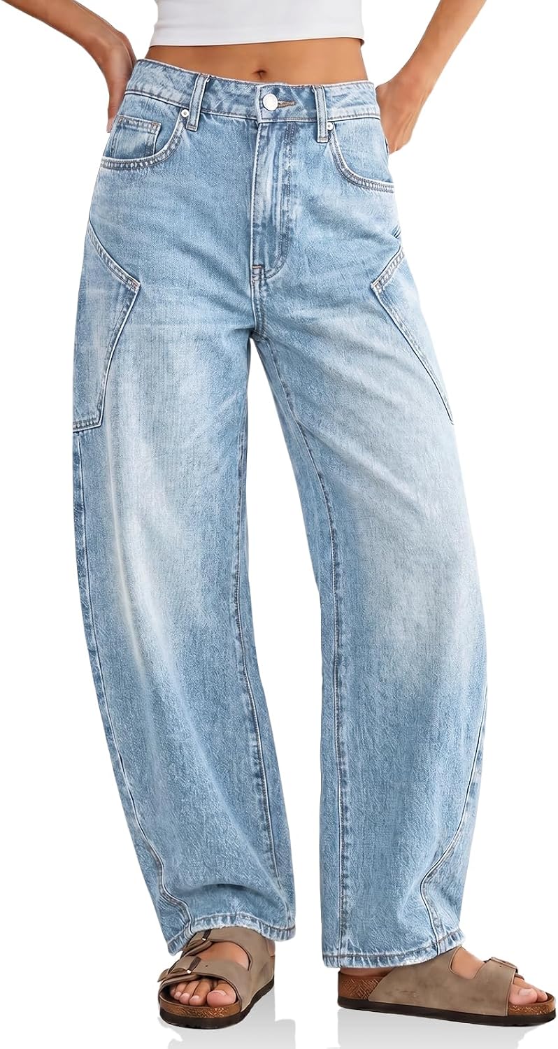 Flowyair Womens Baggy Barrel Jeans Raw High Waisted Wide Leg Denim Pants