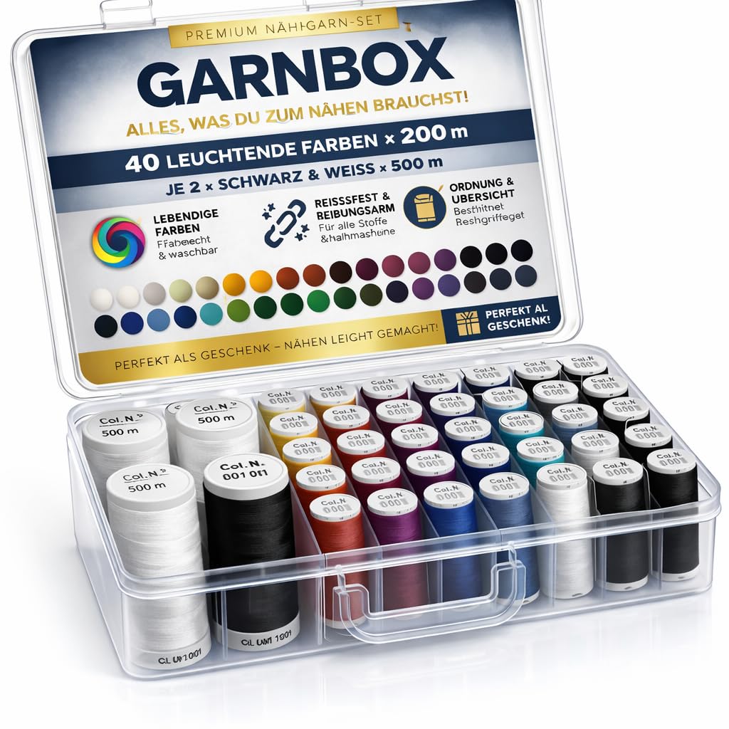 Gütermann Nähgarn Set M303-44 Rollen in Spulenbox - 40 x 200 m + 4 x 500 m Schwarz/Weiß - Allesnäher aus 100% Polyester - für Nähmaschine und Handnähen - Made in Germany