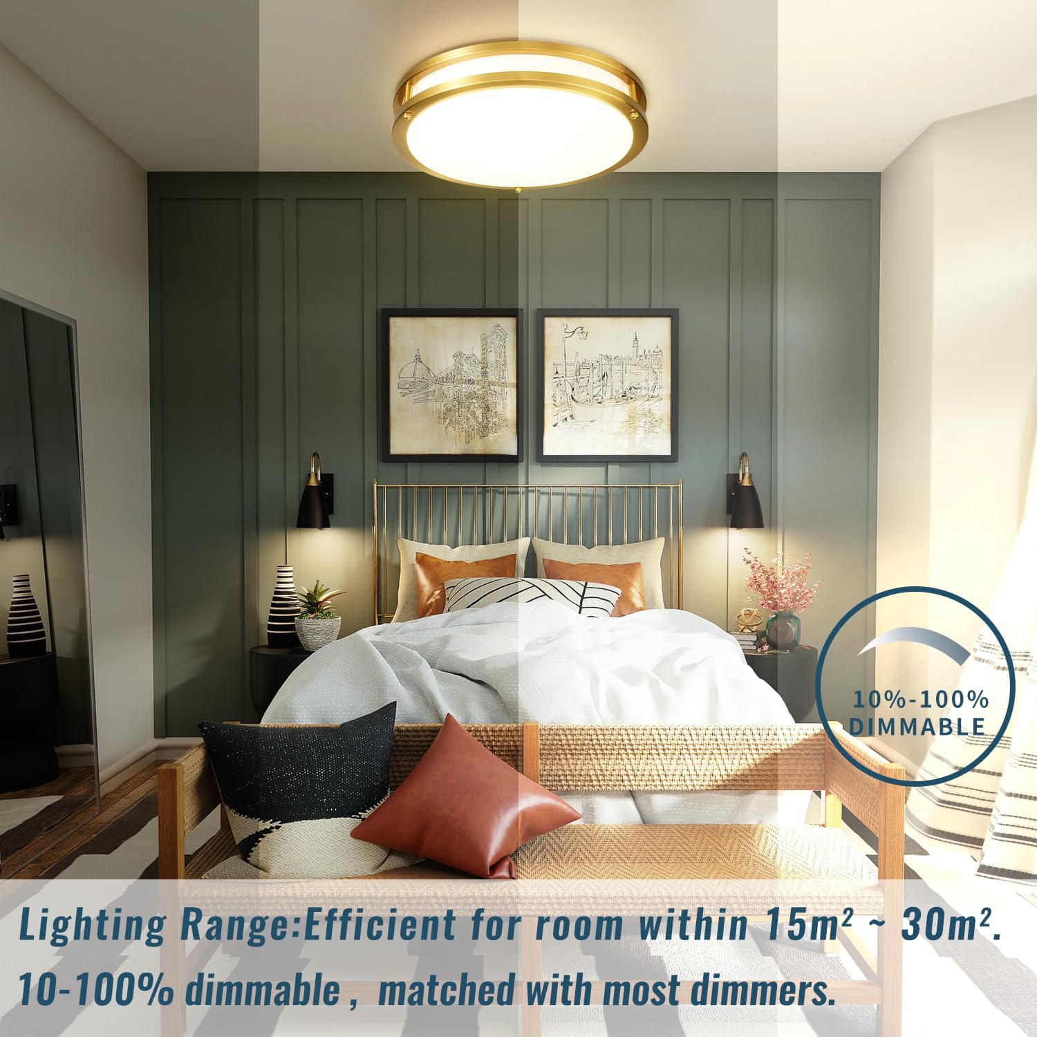 Gold Ceiling Light Fixture 24W, 12 inch LED Flush Mount Ceiling Light for Bedroom, Kitchen, Bathroom, Dimmable Close to Ceiling Light Fixture for Hallway 5CCT…