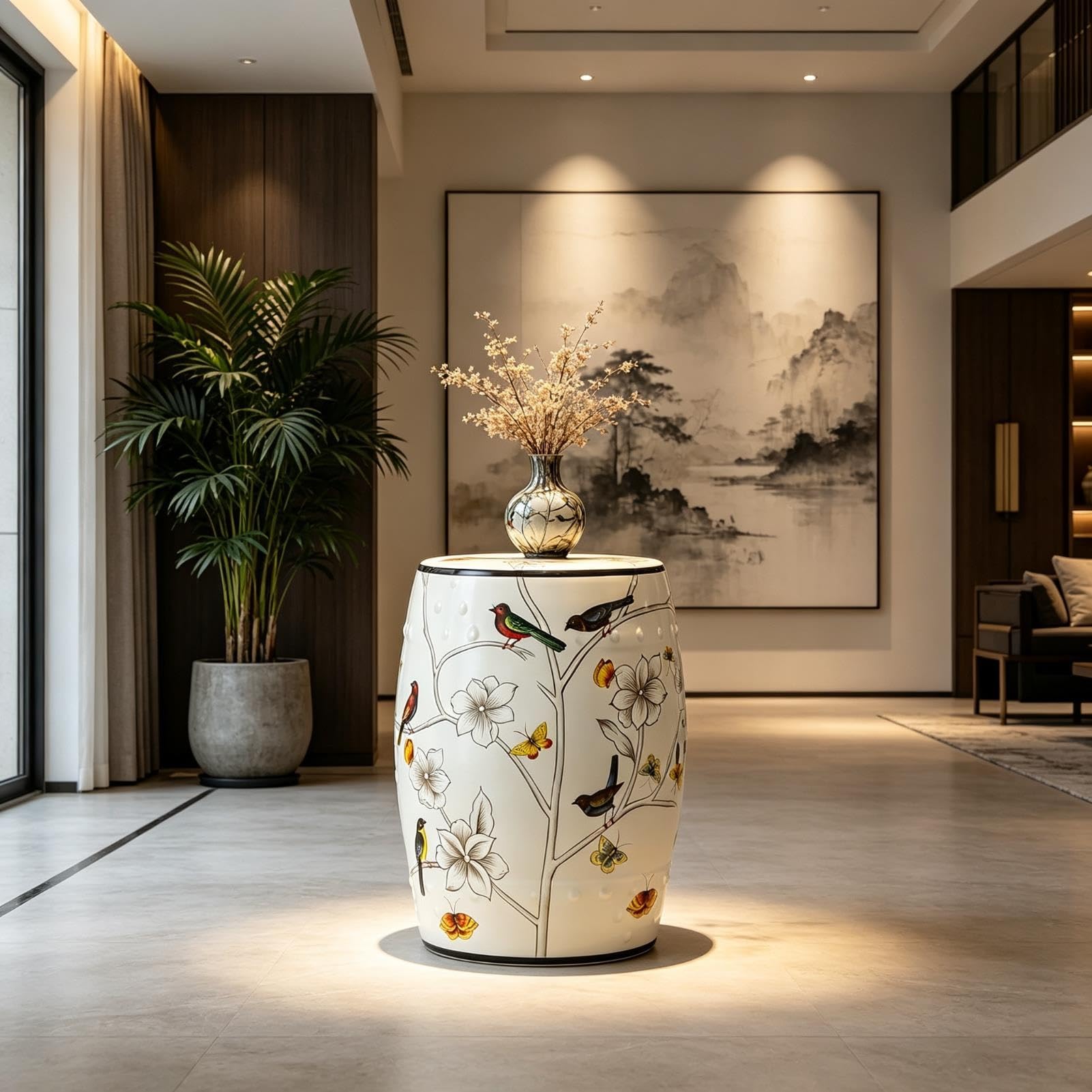 Stołek Ogrodowy Z Bębnem Ceramicznym, Ręcznie Malowany Kwiatowy Ptak, Tradycyjna Chinoiserie Do Użytku Wewnątrz/na Zewnątrz, Odporna Na Zalanie Glazura Do Salonu, Ogrodu, Balkonu(White)