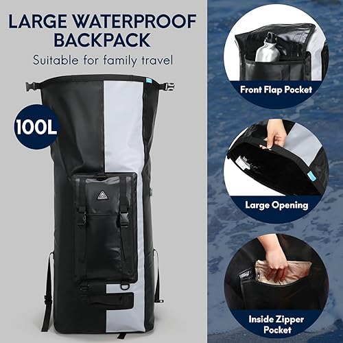 Miniatura 4 de Haimont Mochila impermeable 100L grande Roll Top Dry Mochilas Marine Dry Bags con válvula de aire Viaje Surf NegroGris