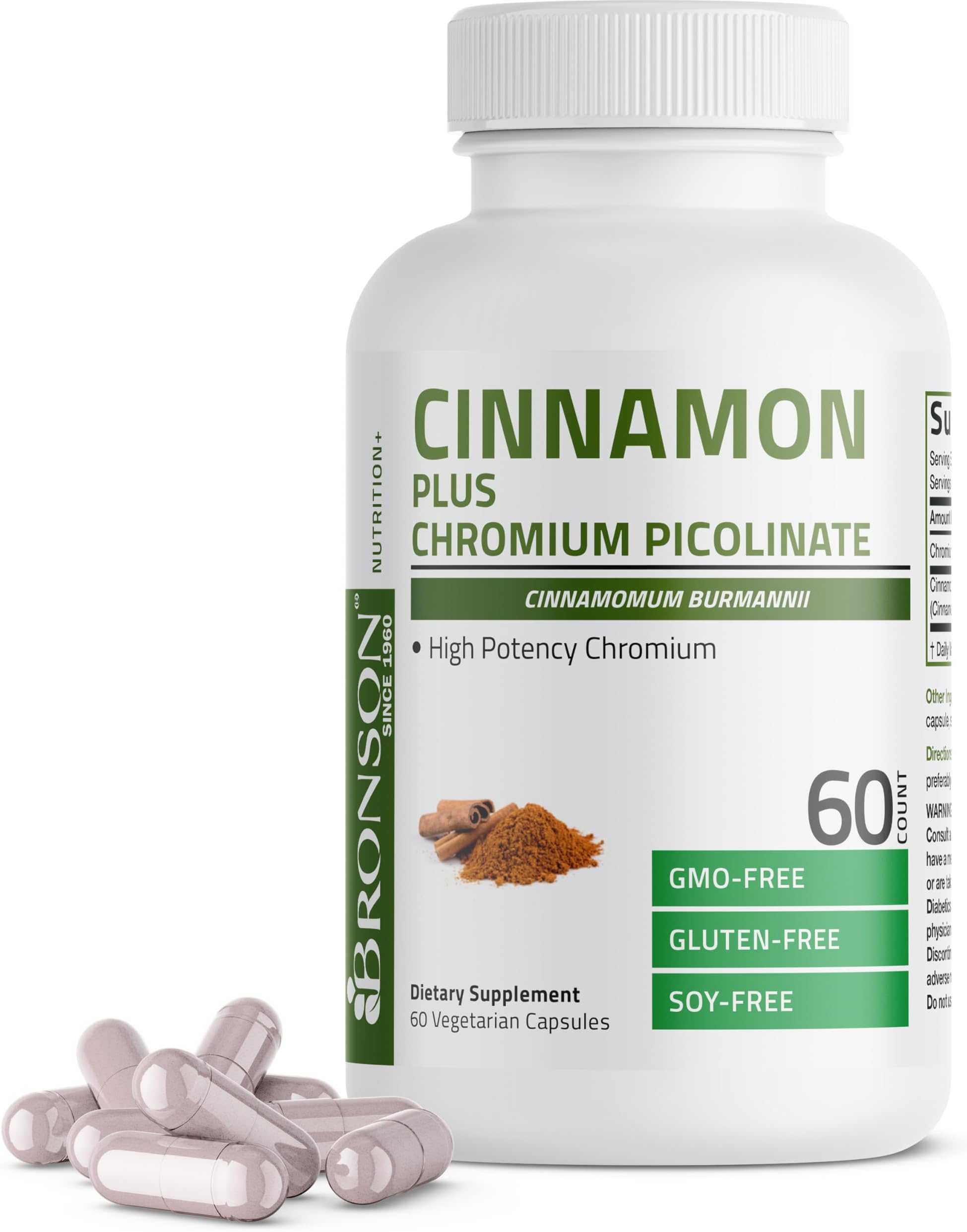 Bronson Cinnamon Plus Chromium Picolinate Supplement, High Potency Chromium, Non-GMO, 60 Vegetarian Capsules