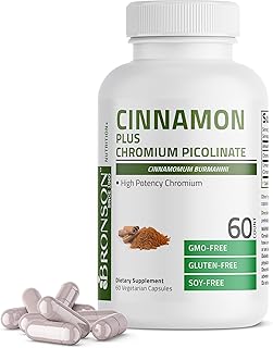 Bronson Cinnamon Plus Chromium Picolinate Supplement, High Potency Chromium, Non-GMO, 60 Vegetarian Capsules