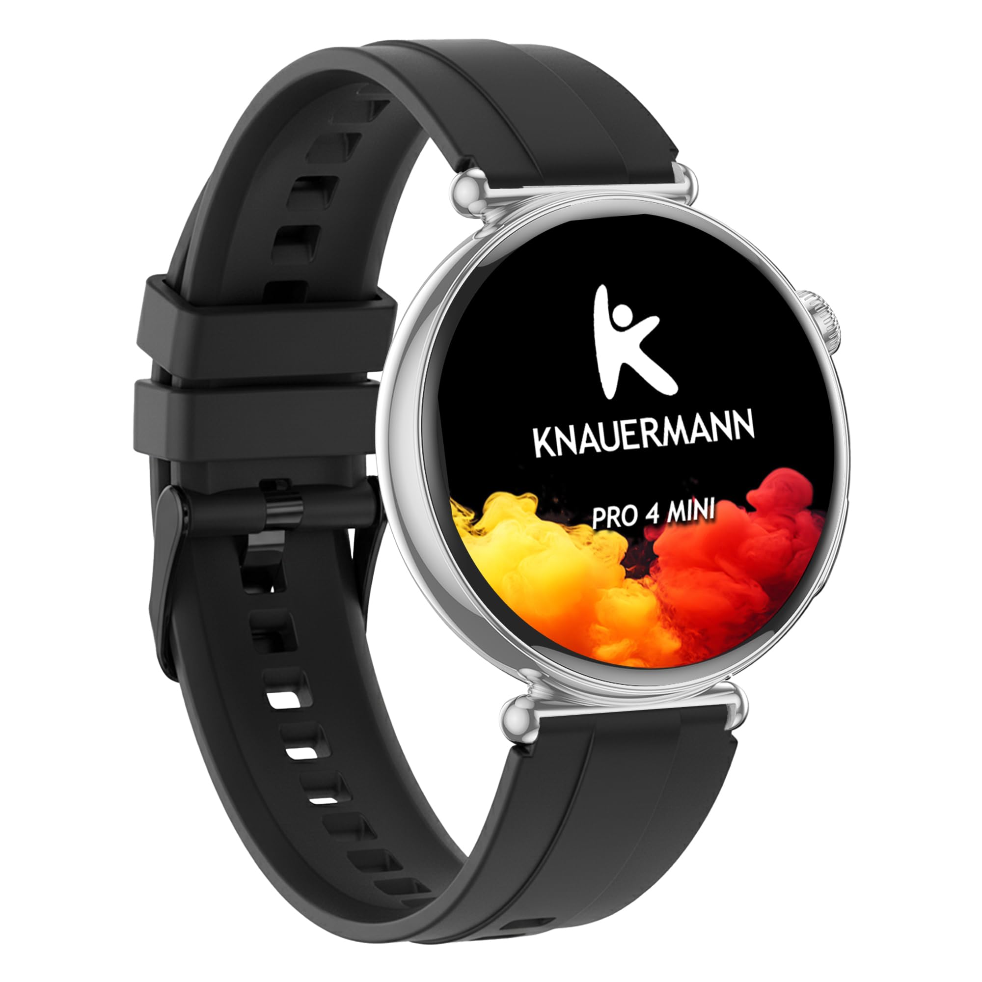Knauermann PRO 4 MINI (2026) okrągły zegarek zdrowotny EKG z pomiarem ciśnienia krwi, pulsu i tlenu we krwi, analiza snu, telefonia, IP67, silikon, czarny