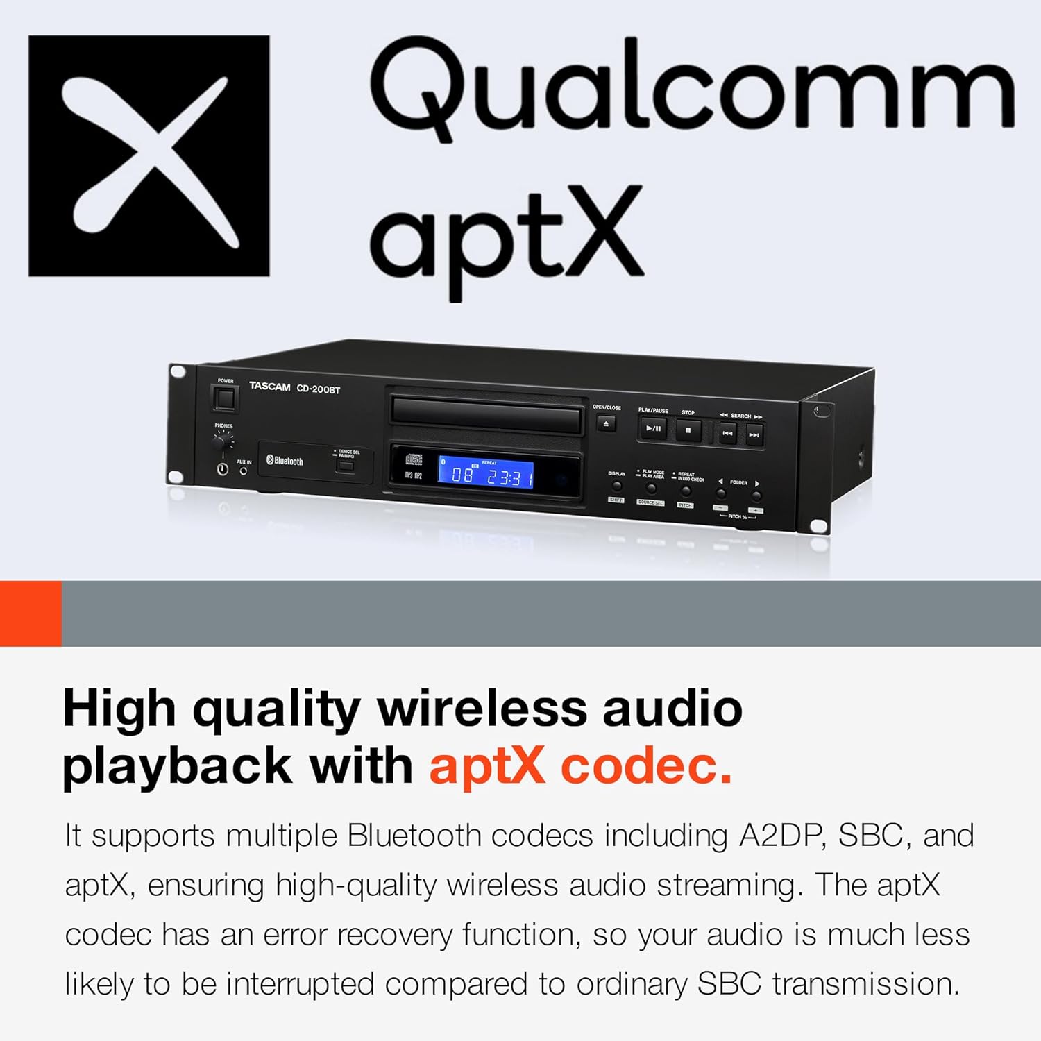 Tascam CD-200BT Rackmount Professional CD Player with Bluetooth Wireless
