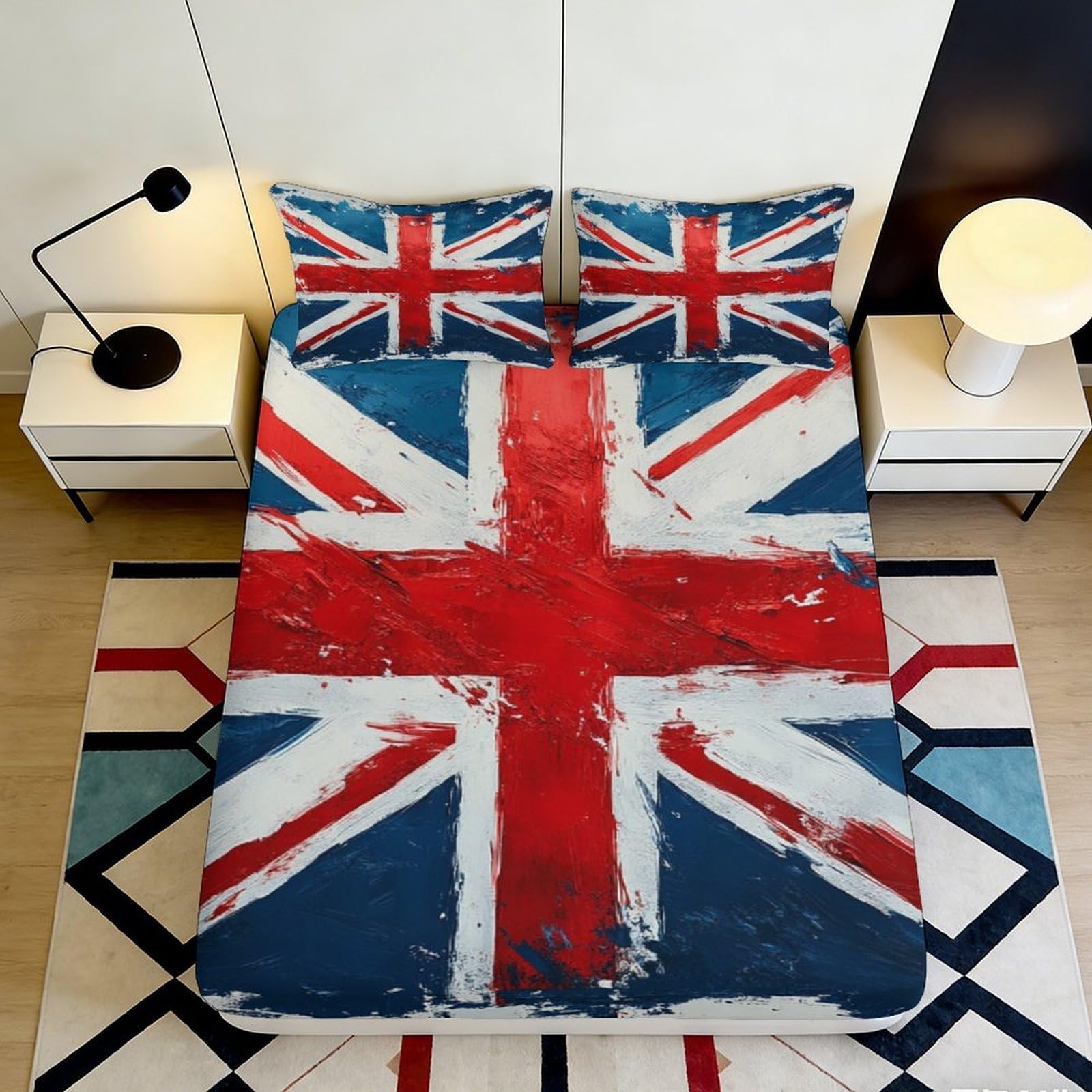 3D Printed Union Jack Flag Fitted Sheet Microfiber Non Slip British Colors Mattress Cover for Bedroom Guest Room Decor 160x200x25cm