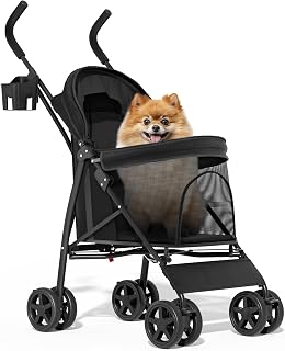 MoNiBloom 4-Wheel Pet Stroller for Small/Medium Dogs & Cats - Easy-Fold Jogger with Breathable Mesh, Sun Cover, Storage, Up to 22 lbs, Black