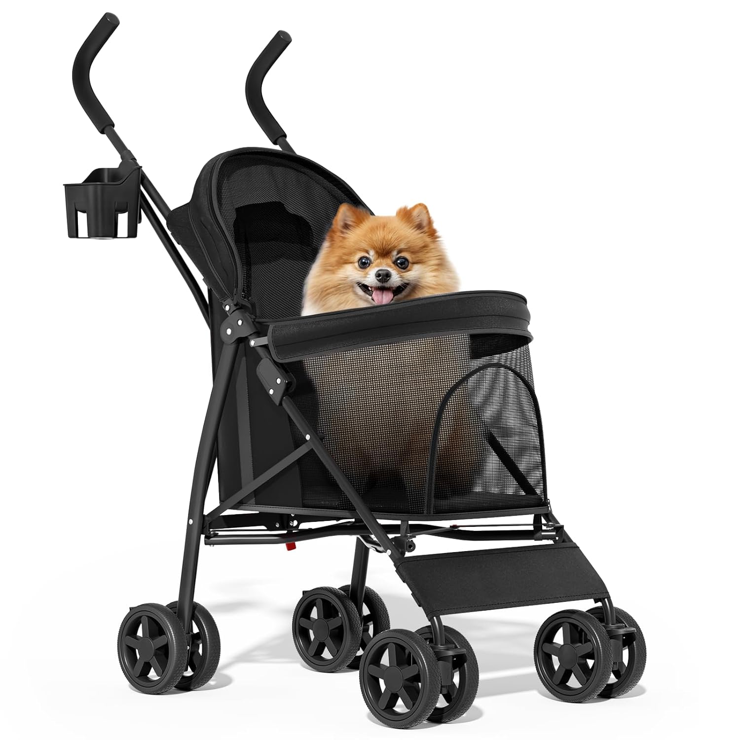 MoNiBloom 4-Wheel Pet Stroller for Small/Medium Dogs & Cats - Easy-Fold Jogger with Breathable Mesh, Sun Cover, Storage, Up to 22 lbs, Black