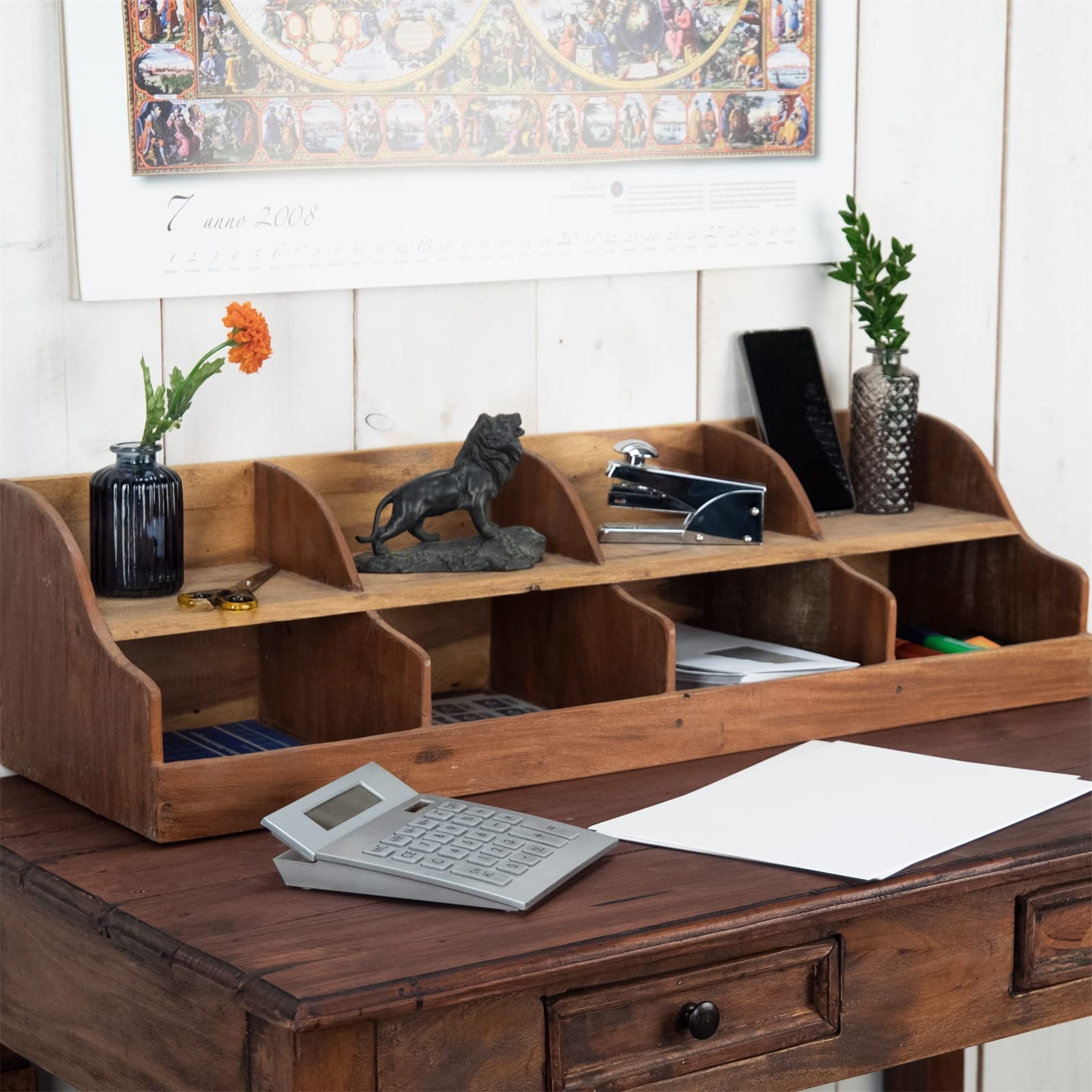 DESIGN DELIGHTS Organizer Storage 80 | Mahagoni Holz, 80 cm, Vier Fächer | Holz Ablage, Büroorganizer, Holzregal, Schreibtisch Ablage
