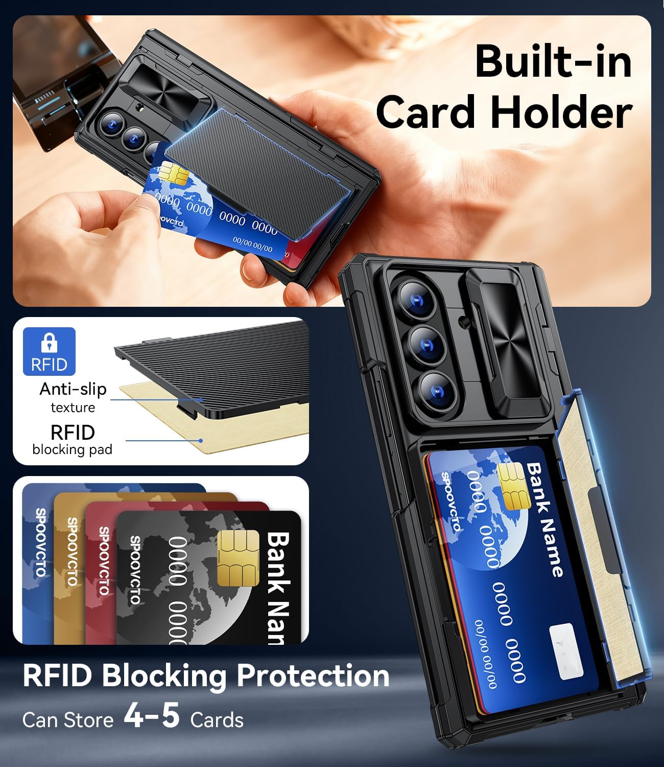 Kaiiecal for Samsung Galaxy Z Fold 7 Case with Cards Holder [Camera Cover] [RFID Blocking] [Hinge Cover] [Dual-Stand] Durable Shockproof Protective Phone Case for Z Fold 7 2025, Black