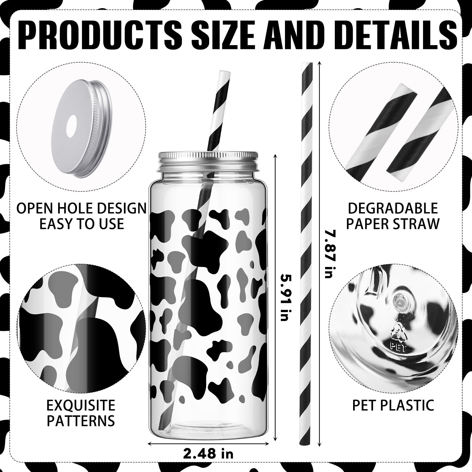Chuangdi 24 Sets 14 oz Cow Theme Plastic Milk Bottles with Straws and Metal Lids 24 Plastic Bottles 25 Paper Straws Tumbler Reusable Jar Containers for Baby Shower Birthday Supplies(Black,cow)