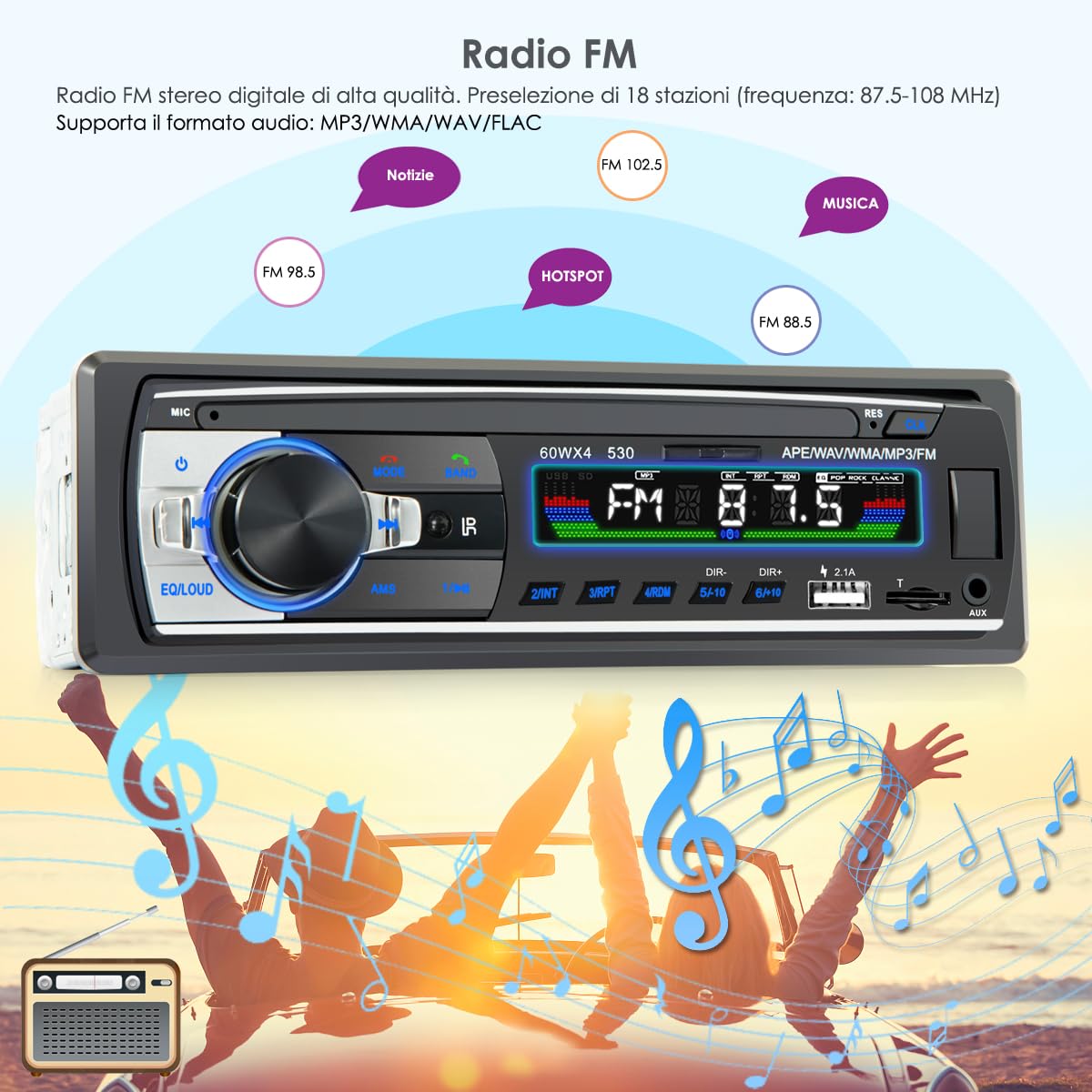 Autoradio Bluetooth con sistema vivavoce autoradio con Bluetooth USB/TF/lettore MP3/radio con connessione AUX Auto, autoradio FM con telecomando 1 DIN RDS Funzione di ricarica rapida