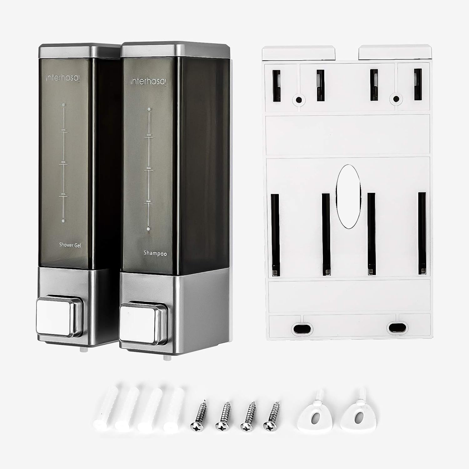 interhasa! Shower Soap Dispenser Drill Free with Adhesive Tap or Wall Mounted with Screws, Hand Soap Dispenser for Shampoo Lotion, Liquid & Gel Soap Dispenser(2 Chamber)