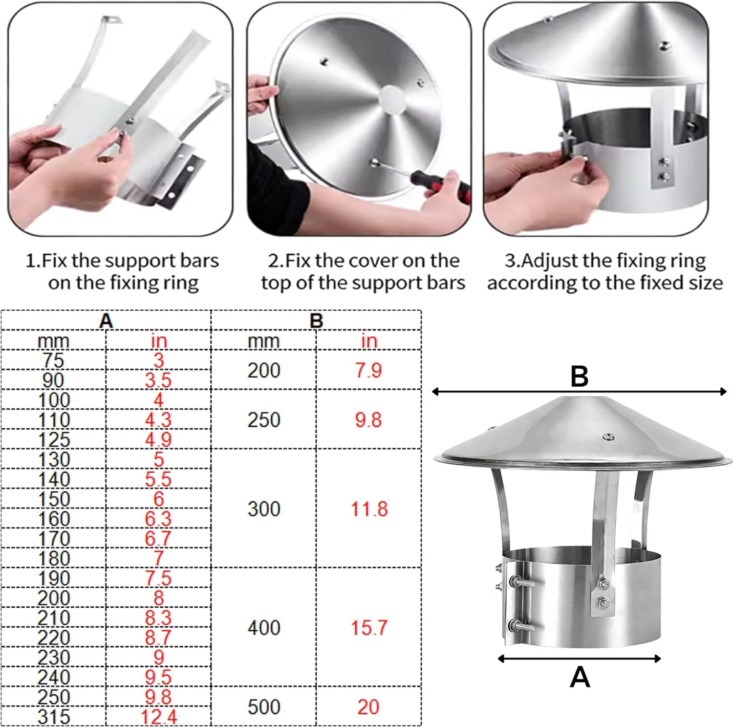 Cone Top 8 inch Chimney Cap, Roof Rain Chimney Cover in 304 Stainless Steel, 3.5" 4.3" 5.5" 6.3" 9.5" 12.4" Outside Stove Pipe Cap, All Weather Round Vent Cover for Fireplace(240mm/9.5in)