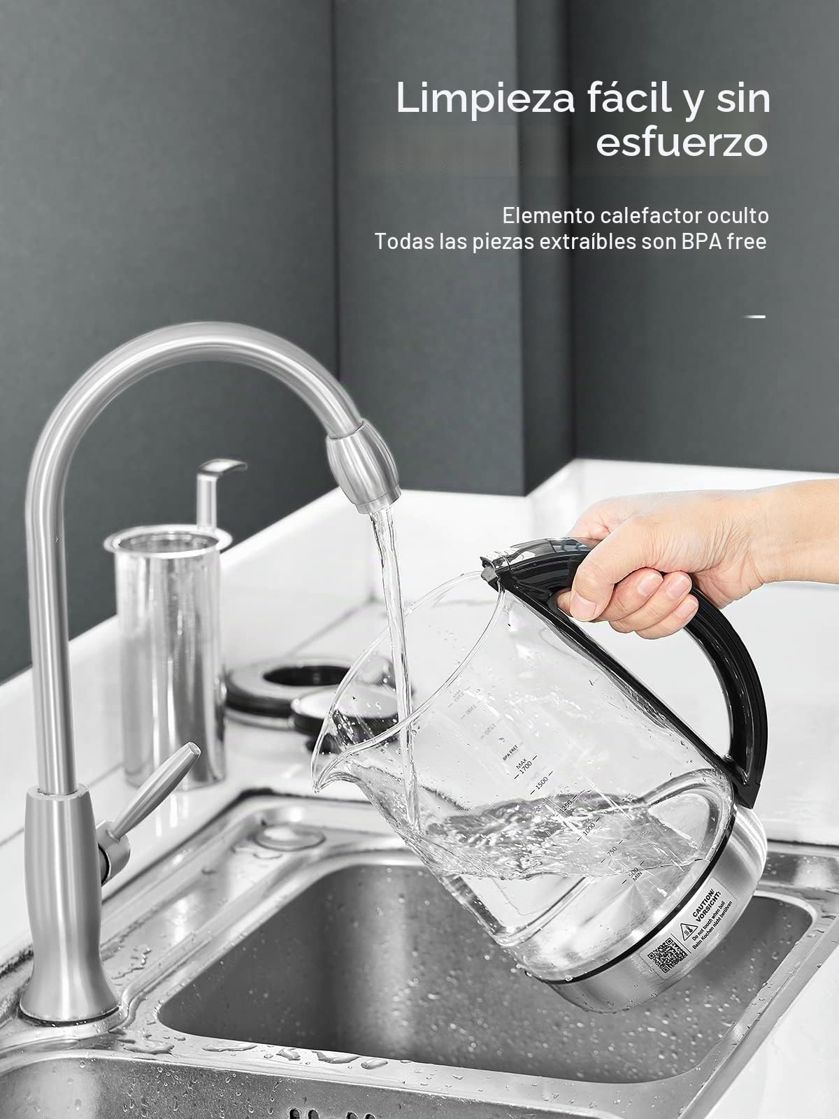 Hervidor de Agua Eléctrico, 9 Presintonías de Control de Temperatura, 2200W, 2H Para Mantener Caliente, 1.7L con Infusor Extraíble, Pantalla LCD, Vidrio Borosilicato y Acero Inoxidable (Plata)