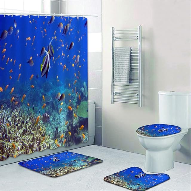 Fgolphd Underwater World Shower Curtain 180 x 200 cm 180 x 180 cm Beach Colourful Bathroom Rug 4-Piece Set Shower Curtains Waterproof (5.200 x 240 cm)