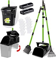LANNEY 38" Adjustable Pooper Scooper with Odor-Proof Swivel Bin, Rake, Spade & 50 Thick Bags - Heavy Duty for Large Yard Dogs