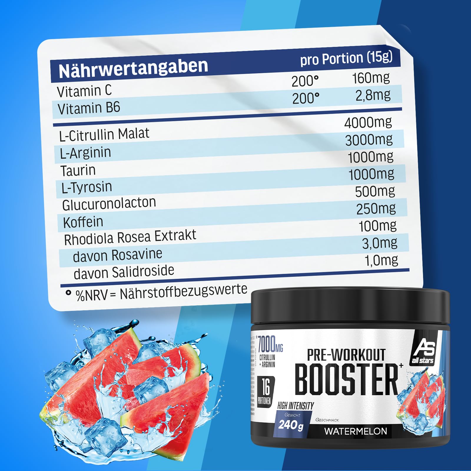 All Stars Pre-Workout Booster Extreme Watermelon I 240g Pre-Workout-Booster für 16 Drinks I Fitness-Pulver mit Aminosäuren + Vitamine + Taurin I Energy Drink mit Koffein