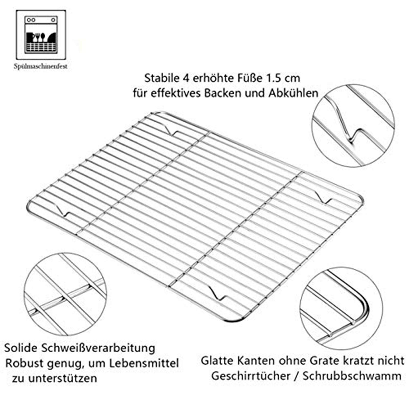 HaWare Zestaw 2 blach do ciasta do pieczenia/chłodzenia + 2 ruszty do grillowania, stal nierdzewna, kratka na ciasto, prostokątna, zdrowa i nietoksyczna, łatwa do czyszczenia i do mycia w zmywarce