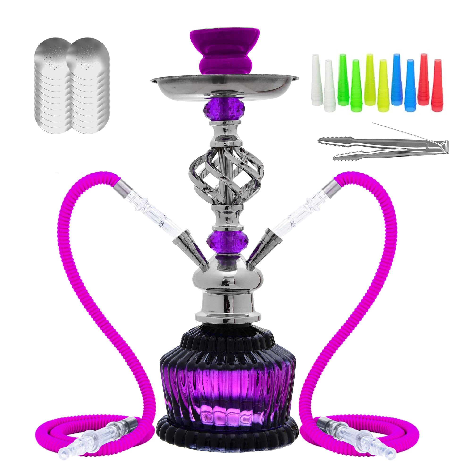 2 Hose Hookah Set-16 Shisha Hookah Set with Glass Vase 100pcs Disposable Tips and 50pcs Pre-Punched Foil purple