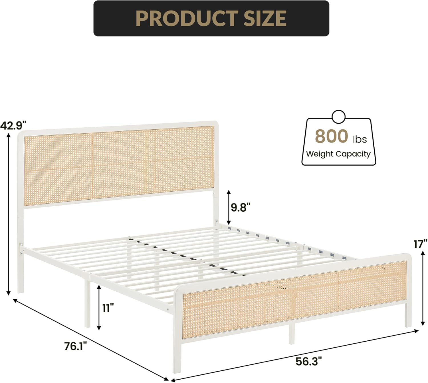 GAOMON Full Size Rattan Bed Frame with Headboard, Modern Style Cane Boho Bed Frames with Heavy Duty Sturdy Steel Slat Support, No Box Spring Needed, White