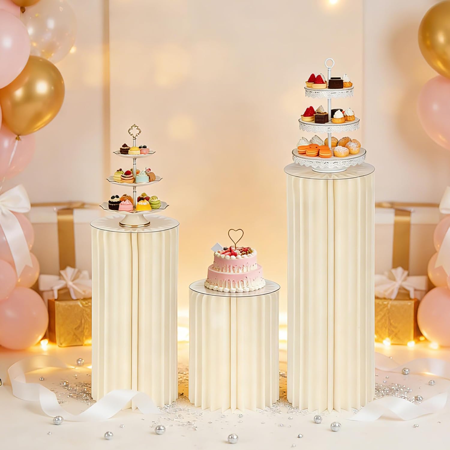 Miory Cylinder Stands for Party, Set of 3 - 15.7"+23.6"+31.5", Foldable Cardboard with Acrylic Disc, for Birthday Party, Wedding, Family Gathering, Decorative Display