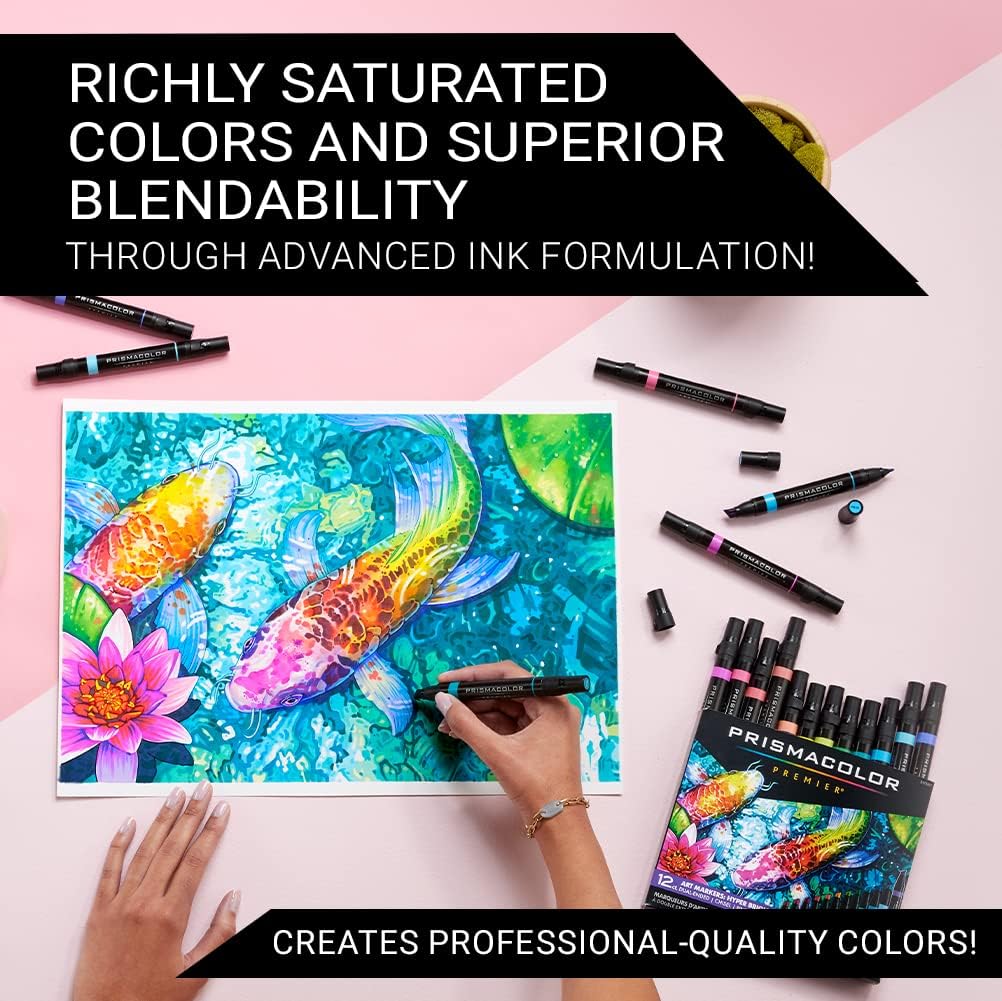 Prismacolor Premier Dual-Ended Art Markers, Chisel Tip and Fine Tip, Hyper Bright Colors, 12 Count