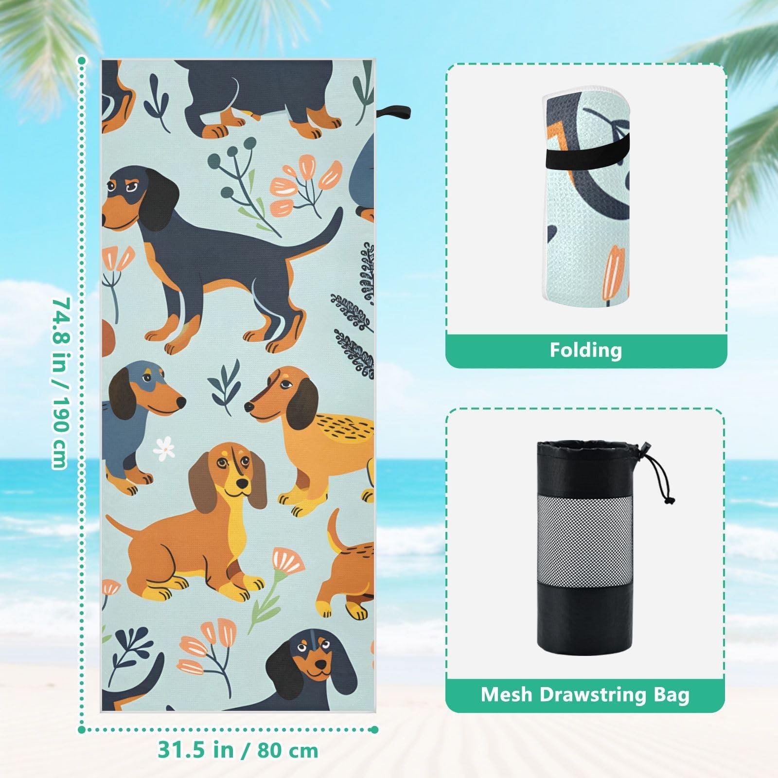 Toallas de playa grandes con bolsas de malla para adultos, toalla de baño de perros salchicha con cierre magnético, toalla absorbente de secado rápido para piscina, camping y viajes, 190 x 80 cm