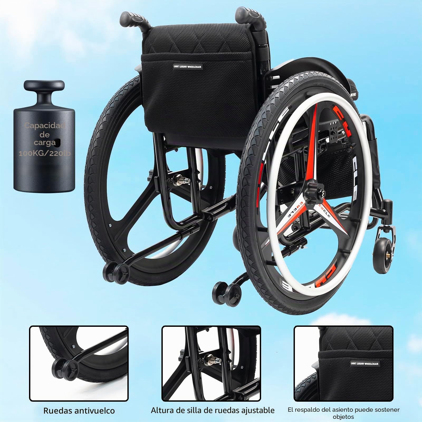 Silla De Ruedas Deportiva Ultraligera Plegable Todo Terreno,silla De Ruedas Deportiva Liviana,silla De Ruedas De Transporte Plegable,silla De Ruedas De Aluminio,ruedas Antivuelco,frenos De Mano(Size:1