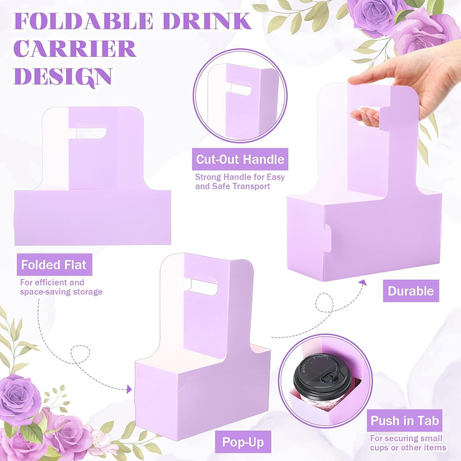 Reallnaive 10 Pack 2 Cup Disposable Drink Carrier for Delivery with Handle Paperboard Coffee Carrier for Hot Cold Drinks Take Out Cup Carriers for Food Delivery (Purple) 10 Purple