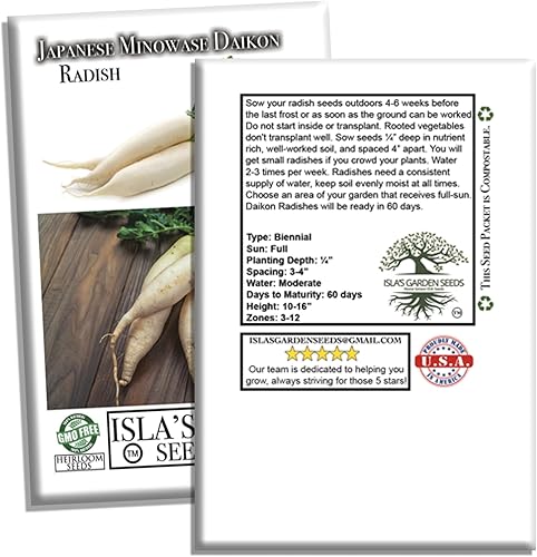 Miniatura 7 de Semillas de rábano japonés Minowase Daikon para plantar, más de 100 semillas tradicionales por paquete, semillas de jardín de Isla (semillas de
