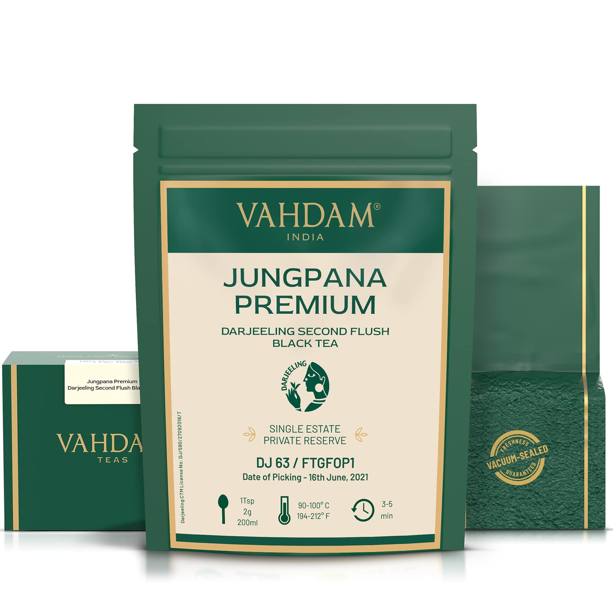 VAHDAM, Jungpana Premium Darjeeling Second Flush Black Tea 2024 | 3.53oz/100g, 100% Pure, Unblended & Freshly Hand-picked Loose-Leaf Tea | Fresh Summer Harvest | Brews 50+ cups