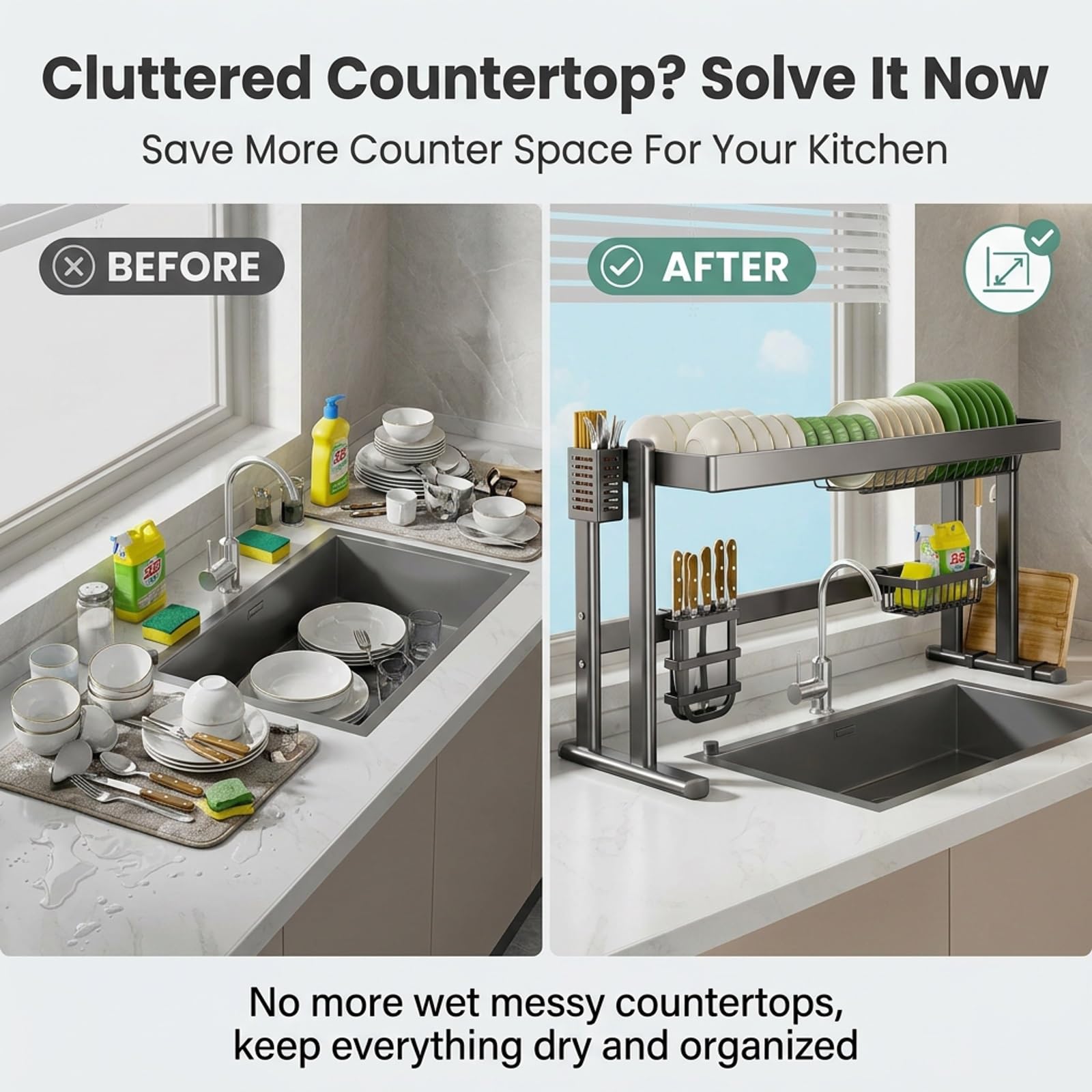 Escurridor de platos para fregadero, Organizador de cocina ajustable | Acero al carbono reforzado, Altura ajustable, Diseño antigoteo, Accesorios completos(95cm/37.4in)