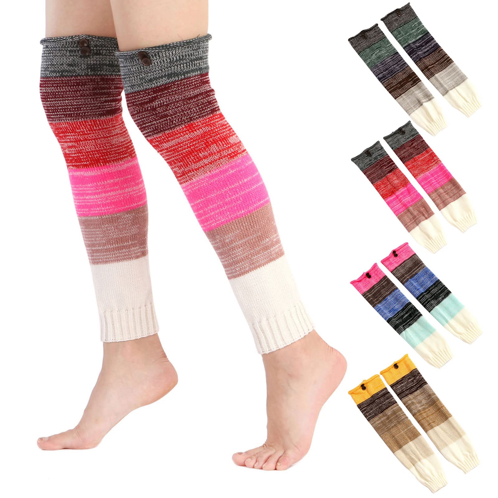 Women Winter Knit Long Leg Warmers Rainbow Stitching Buttons Boot Cuffs Socks