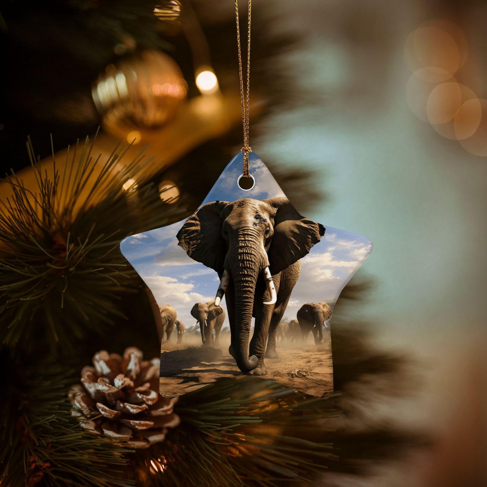 Christmas Tree Ornaments Ceramics Christmas Decorations Ferocious Elephant Ornaments with Gold Ribbon Porcelain Xmas Tree Crafts Star Shape Hanging Pendant for Christmas Tree Party Decor
