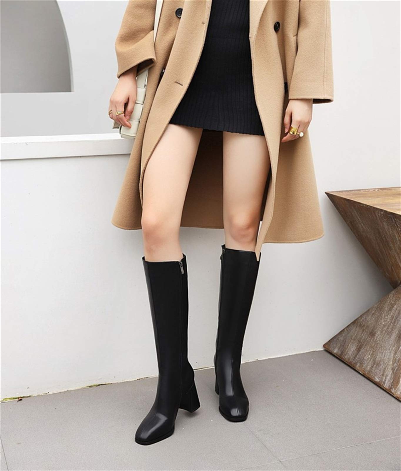 Damskie buty Kozaki damskie do kolan, Kozaki na grubym obcasie, Kozaki damskie na wysokim obcasie z bocznym zamkiem błyskawicznym Kozaki do kolan (Color : Black 2 Thin Fleece inside, Size : 36 EU)