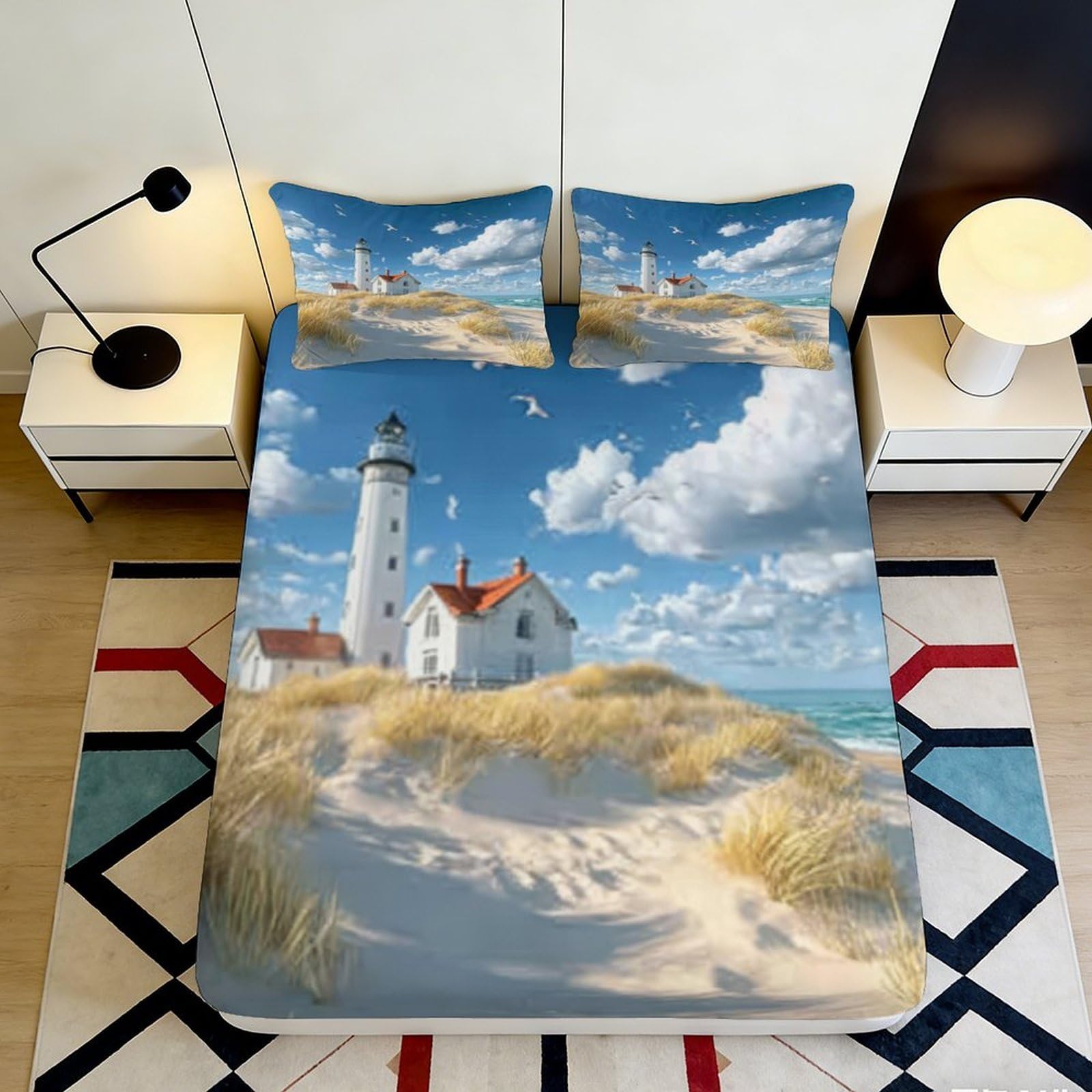 3D Printed Lighthouse Beach Fitted Sheet Microfiber Sand Dunes Sky Mattress Cover for Bedroom Guest Room Decor 90x200x25cm