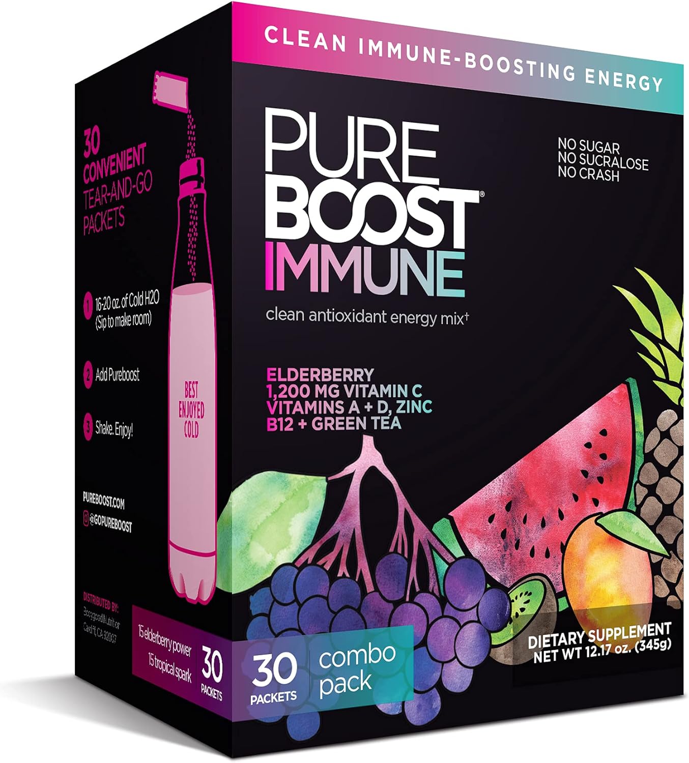 Pureboost Immune Clean Energy Drink Mix: Immunity Supplement with Elderberry, 1200 mg Vitamin C, Vitamins A + D, Zinc., 28 Vitamins, Minerals and Supernutrients (Combo 30 Count) : Health & Household