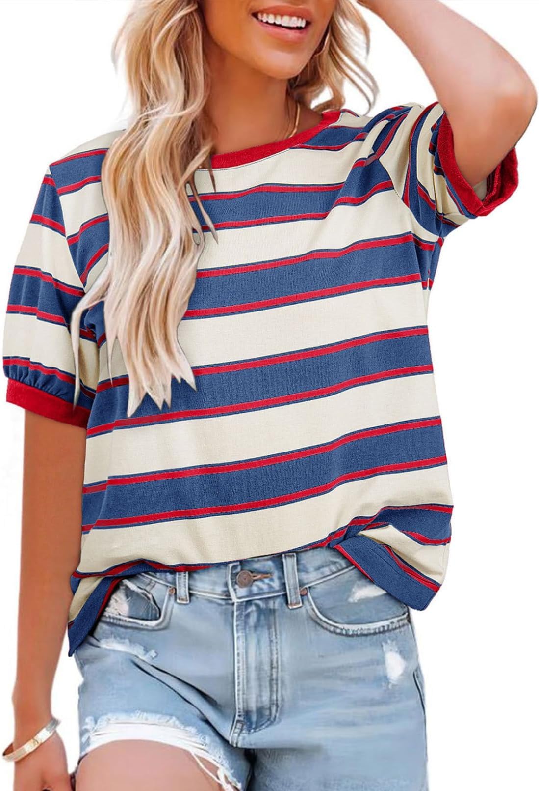 BUNSLOOM Oberteile Damen Sommer 2026 Gestreifte Color Block Kurzarm T-Shirt Rundhals Lässige Lockere Basic Tops Blusen