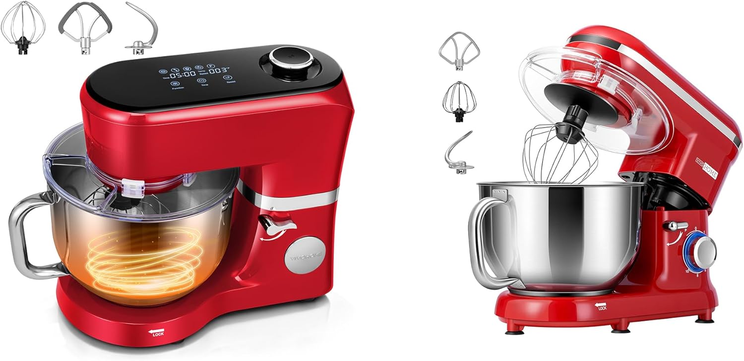 VIVOHOME Stand Mixer with Fermentation, One-Touch Presets, and 6 Qt Bowl, Red, and VIVOHOME 660W 10 Speed 6 Quart Stand Mixer with Beater, Dough Hook, Wire Whip and Egg Separator, Red