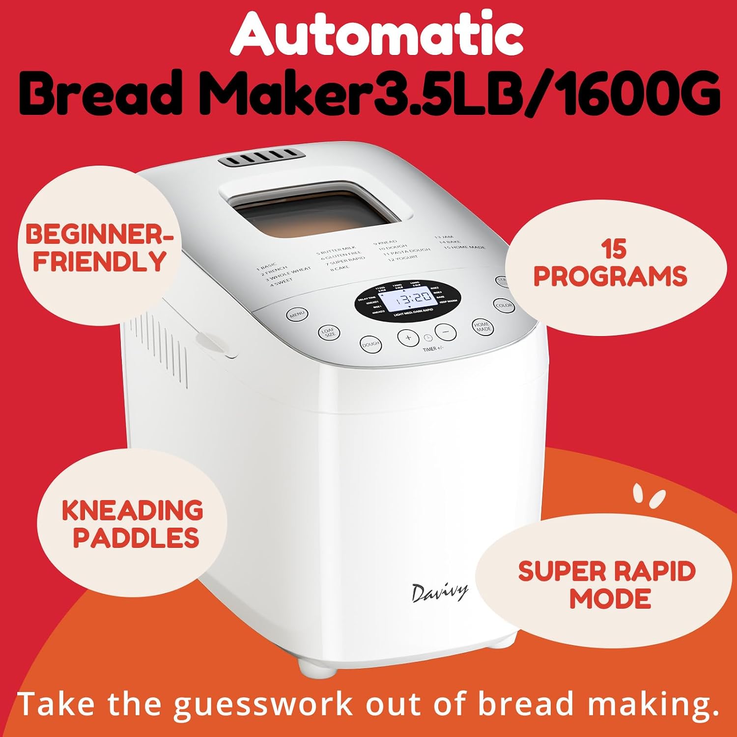 Davivy Bread Machine 3.5LB Large Capacity, 850W Automatic Bread Maker with 15 Programs (Gluten Free, Homemade Memory, Dough Shortcut), 15H Delay Timer, 1H Keep Warm,Includes Heat Resistant Oven Mitts