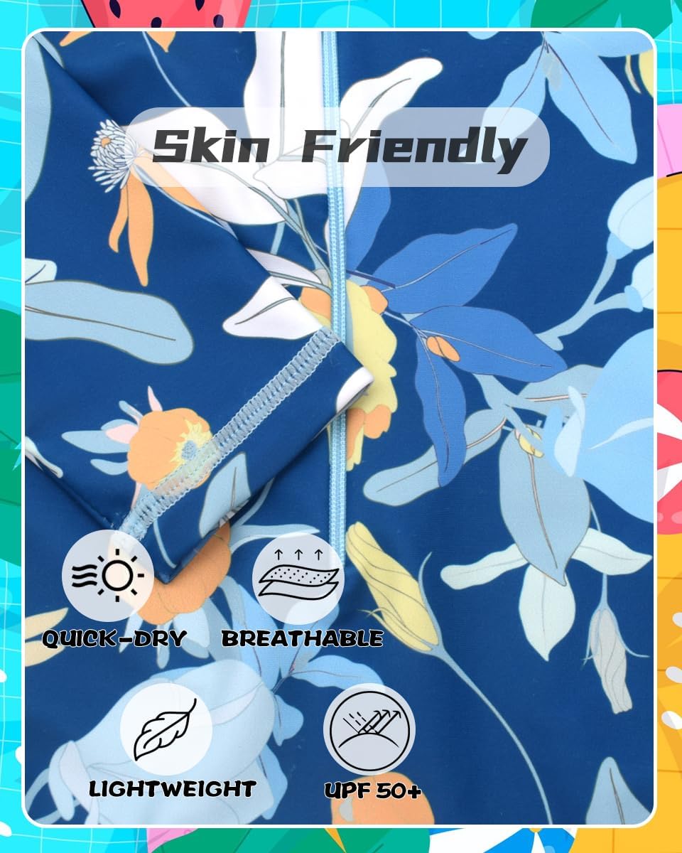 Kids Girls Rash Guard Long Sleeve One Piece Swimsuits Zipper Bathing Suits UPF 50+ Tropical Plant Flowers Ages 3-12 - Image 4