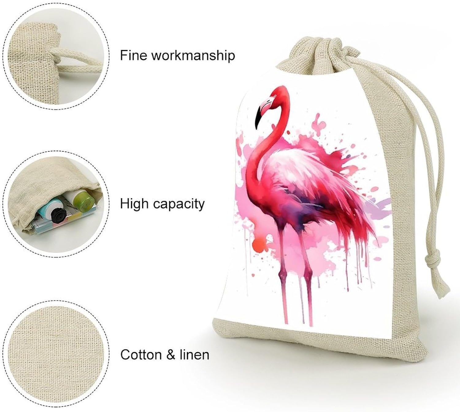 FekiLoot Flamingo Watercolor Cotton Linen Drawstring Bags Pack of 8 image 3