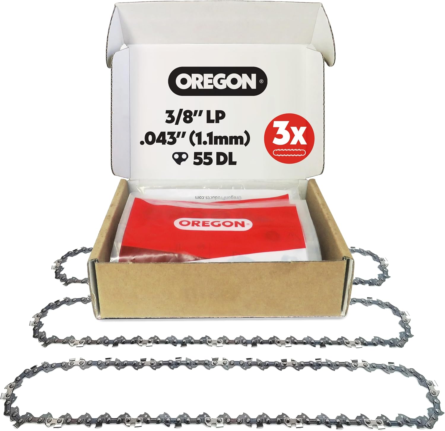 Oregon 3-Pack Chainsaw Chain 3/8" LP Pitch, .043" (1.1 mm) Gauge for 16" (40cm) Bar, 55 Drive Links – Low-kickback Replacement Saw Chain, Fits Several Stihl Chainsaw Models